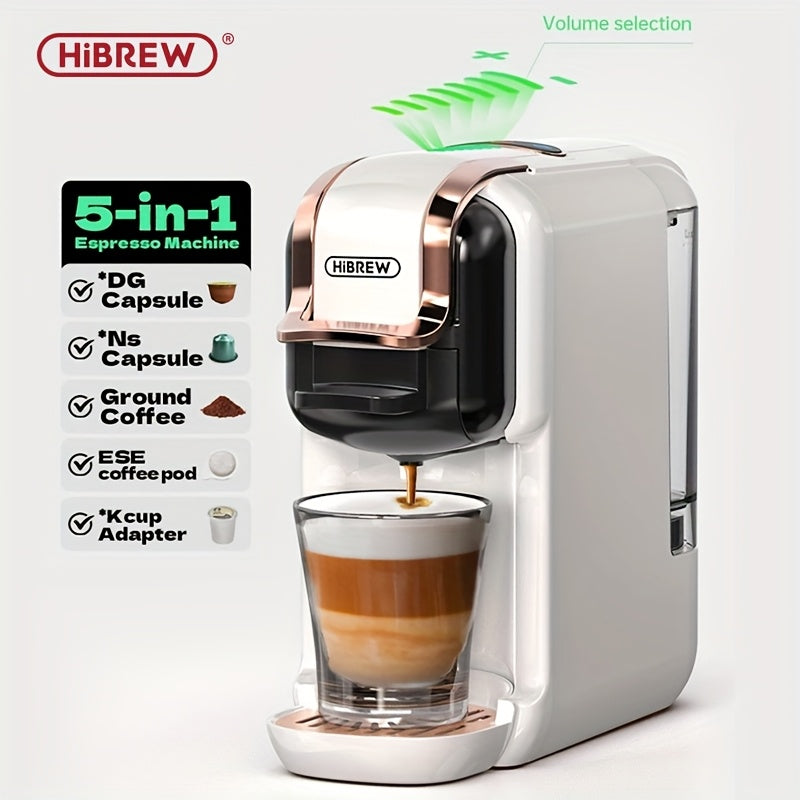 Máquina de Café HiBREW 5 em 1: Espresso, Cappuccino, Latte, Café Coado, Cápsulas e Café Moído com Cápsulas ESE/NS/DS/K-Cup, Sistema de 1450W, Funcionamento Semi-automático, Ficha Europeia (220-240V), Máquina de Café, Café Expresso