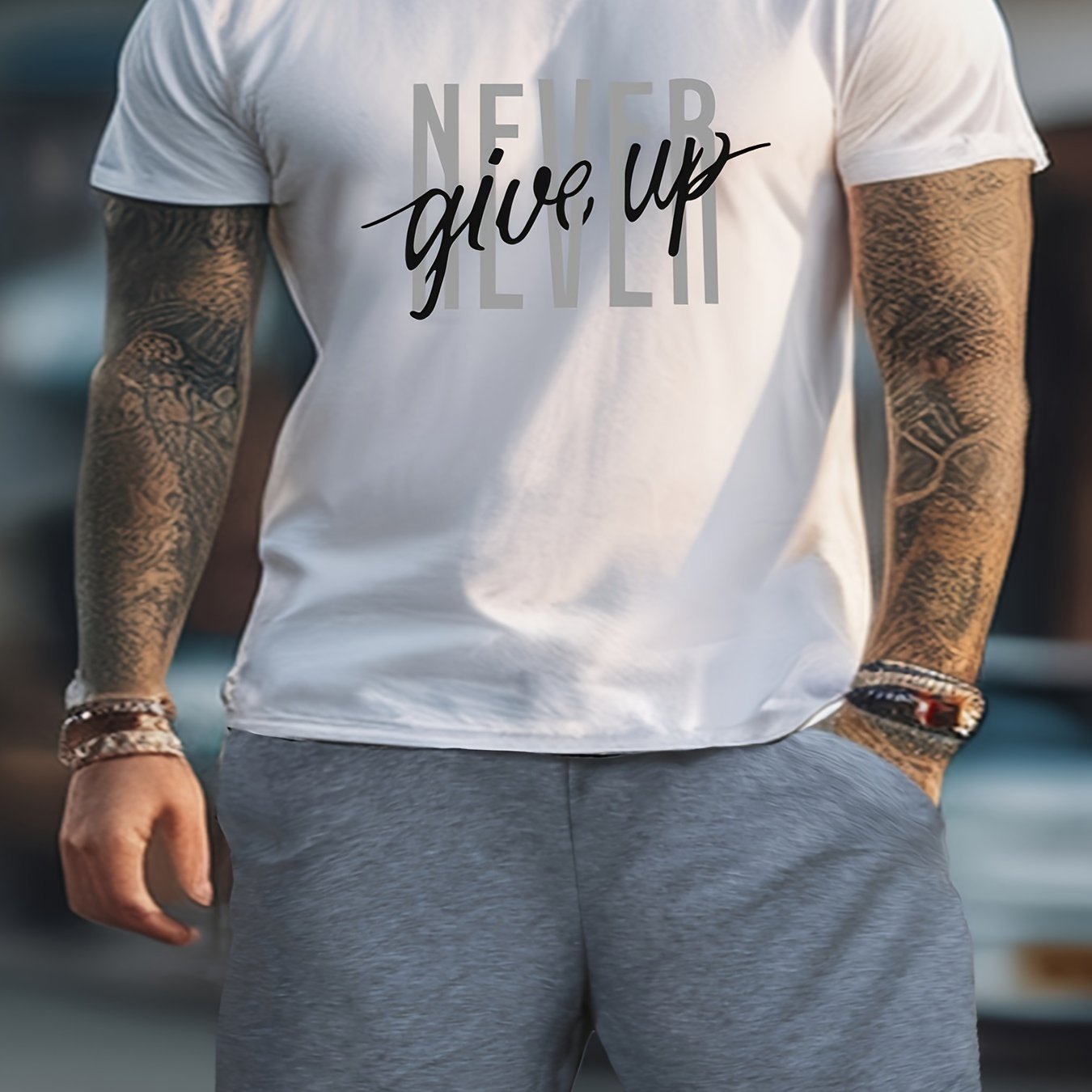 Men's Fashion NEVER GIVE UP Letter Print Loungewear Set, Short Sleeve Crew Neck Graphic T-shirt & Drawstring Shorts With Pockets, Casual Pajama Set, Men's 2piece Outfits