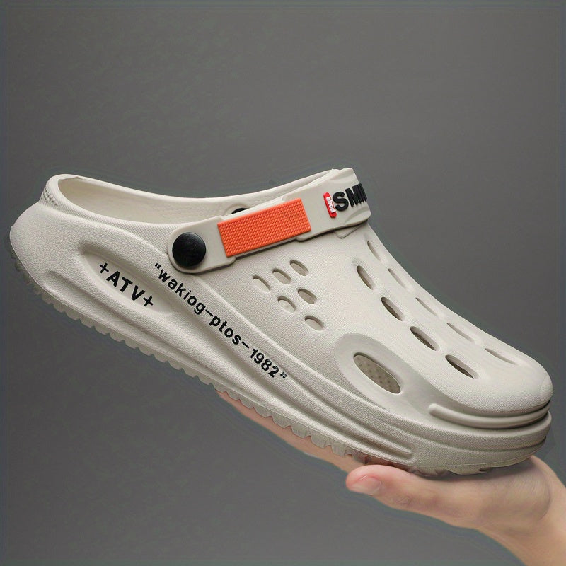 Tamancos modernos para homem com sola grossa em EVA e estampado de alfabeto - Modelo slip-on, respiráveis, ideais para jardinagem, com tira amarela segura e palmilha estampada com a inscrição "SMN WALKING PROS" para maior conforto ao ar livre.