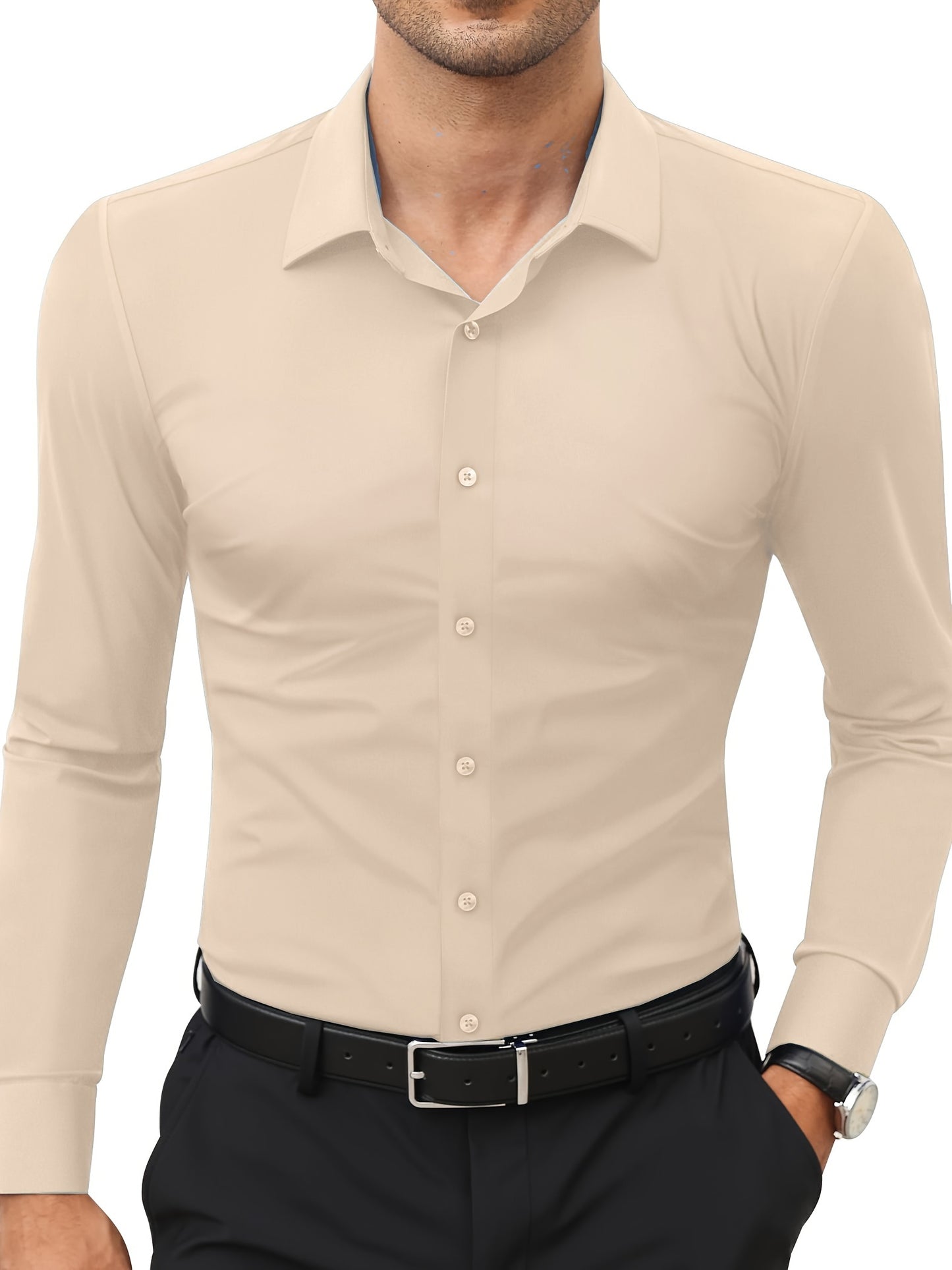 Men'S Slim Fit Long Sleeve Shirt - 55% Cotton, 40% Polyester, 5% Spandex, Solid Color, All-Season, Woven Fabric, Button-Up, Lapel Collar, Casual Weekend Wear, 125g/m²