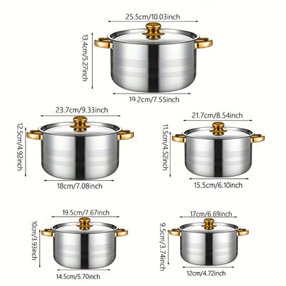 10pcs stainless steel pot set, specifications are 18.01/19.99/22.0/24.0/26.01 cm, stainless steel cooking pot, 5 pots + 5 lids, stainless steel double handles with lid, deep soup pot, suitable for home and restaurant cooking,