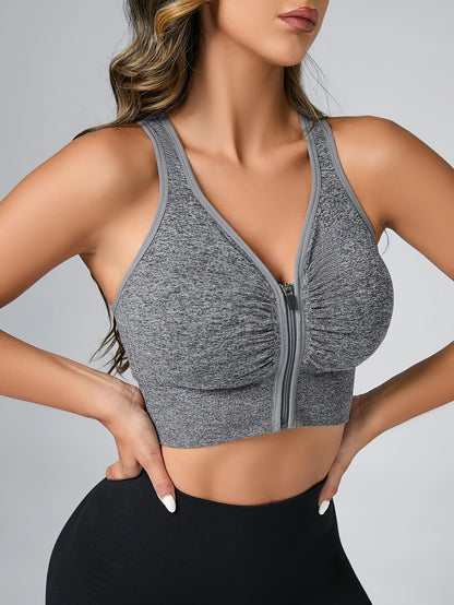 Women's Seamless Sports Bra With Zipper Front, Wide Shoulder Straps, Padded, Wire-Free, Comfort Fit, Racerback, Gym Fitness Yoga Bra Top