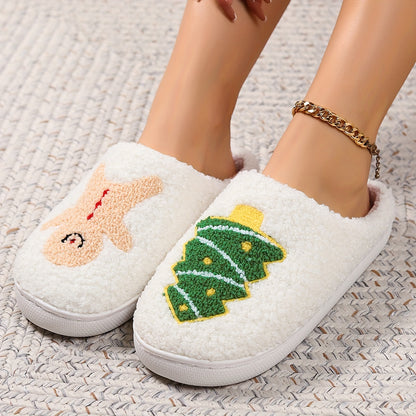 Christmas Tree Pattern Fuzzy Slippers, Winter Warm Closed Toe Flat Floor Shoes, Cozy Soft Sole Plush Home Slippers