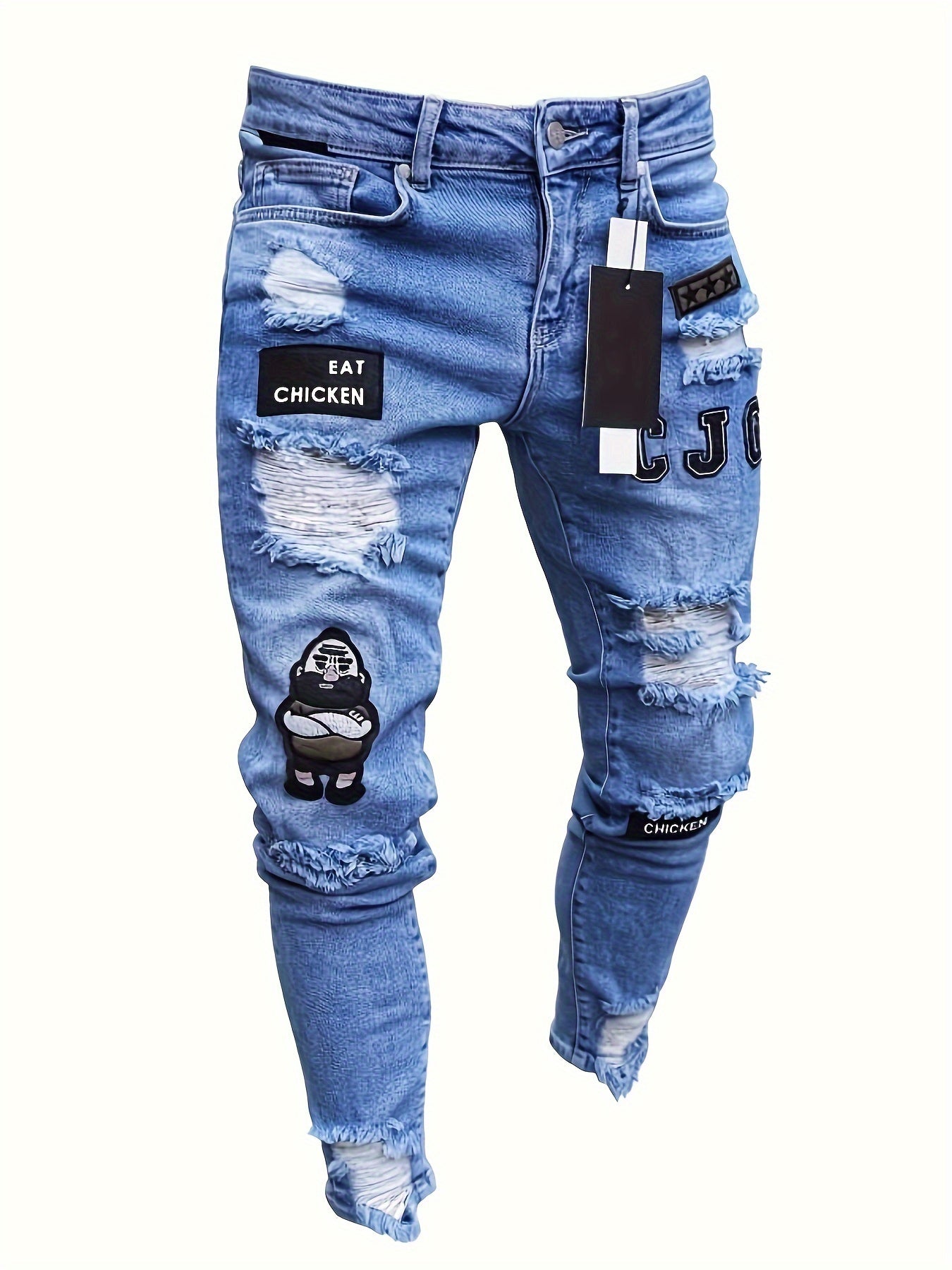 Men Fashion White Ripped Distressed Destroyed Washed Denim Jeans Ripped Slim Fit Wild Jeans White Denim Pants