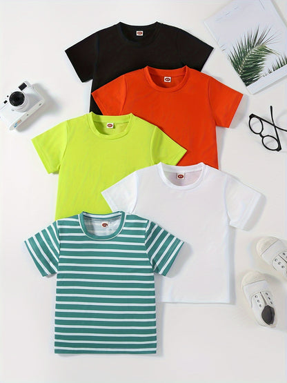 5pcs Solid Color & Striped Round Neck T-shirt Tees Tops Casual Soft Comfortable, Boys And Girls Summer Clothes