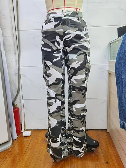 Calças de ganga cargo direitas de cintura subida com estampado camuflado, tecido médio elástico, bolso lateral com pala, cintura subida, calças de ganga femininas e roupa.
