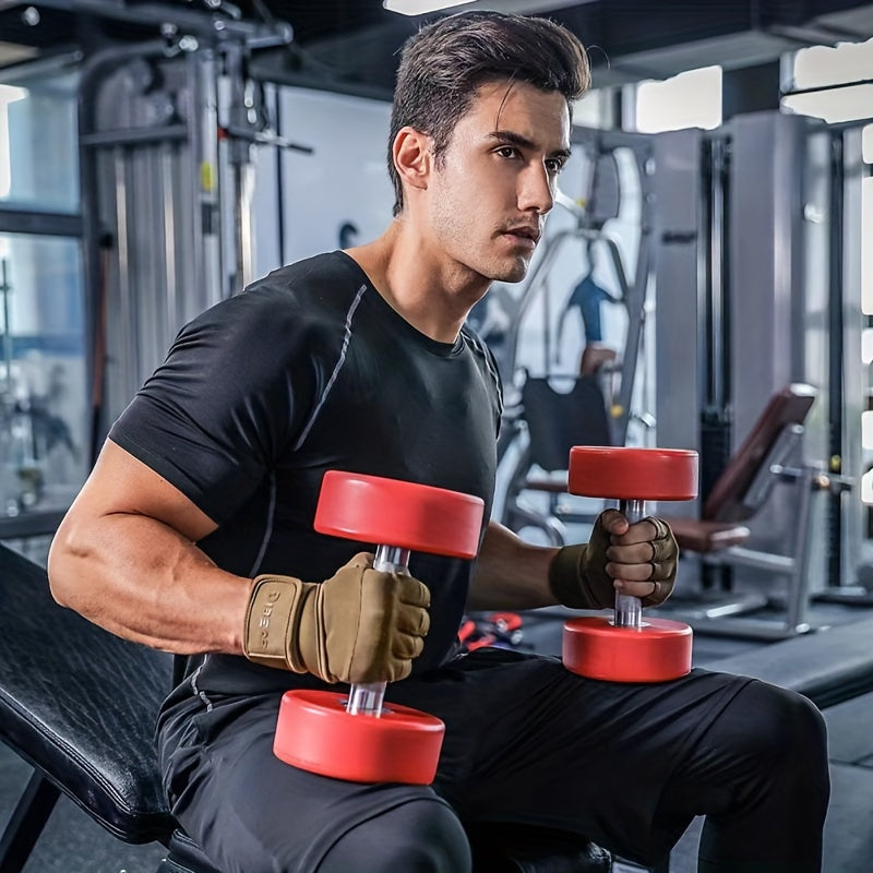 Half Finger Gym Gloves - Extra-Long Wrist Support & Non-Slip Palms for Weight Lifting, Gym Training, Cycling - Durable Black/Brown Design with Adjustable Buckle Closure - Unisex Fitness Gloves, Gym Accessories, Weightlifting