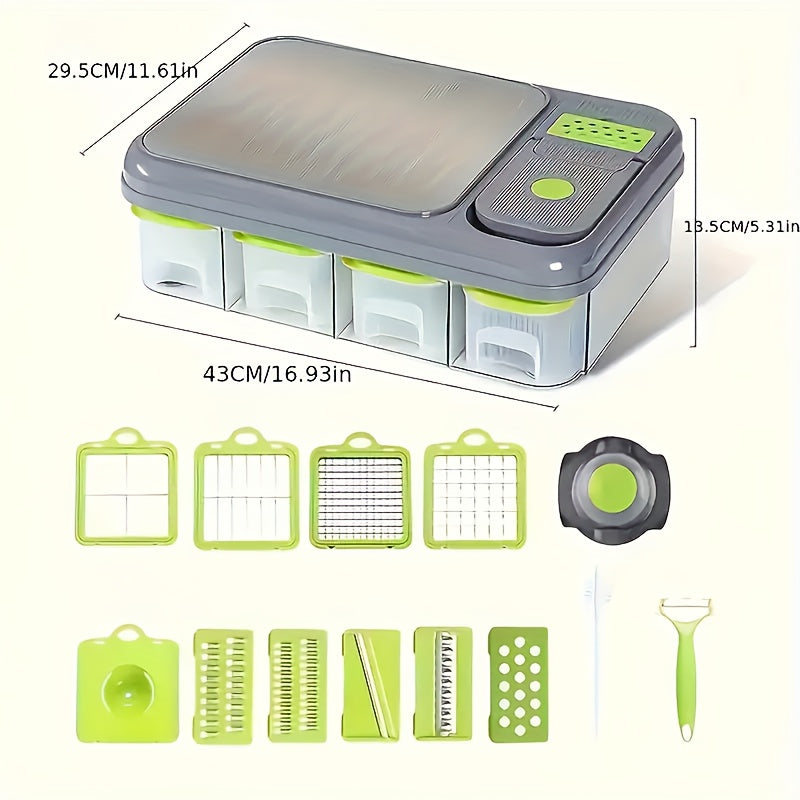 1pc Multifunctional Vegetable Chopping Box with Built-in Cutting Board and Various Blades, Stainless Steel Kitchen Slicer for Fine Slicing, Dicing, Strips, Egg Yolk Separation, Food Storage Container, Vegetable Cutter and Min