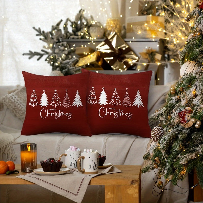 2pcs Red Christmas Tree Pillow Covers with White Cursive Merry Christmas Lettering & Tree Silhouettes - Burgundy Cases for Sofa, Bed, Office - Zippered Holiday Decorations (No Insert) - Hand Wash Only Festive Home Accent