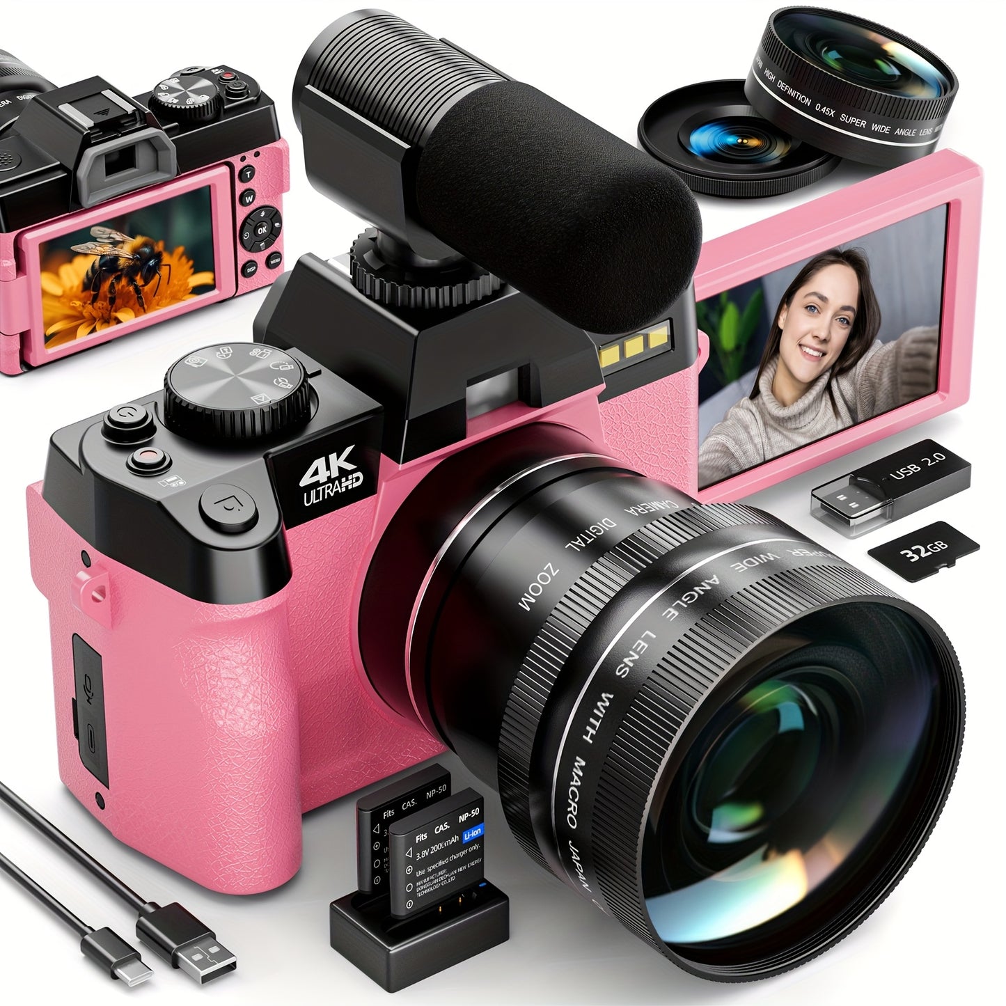 NBD 48MP Digital Cameras for Photography with WiFi & App Control, 4K Autofocus Vlogging Camera for YouTube with 16X Zoom, Anti-Shake, 32GB TF Card, Dual Batteries, 52mm Wide Angle & Macro Lens