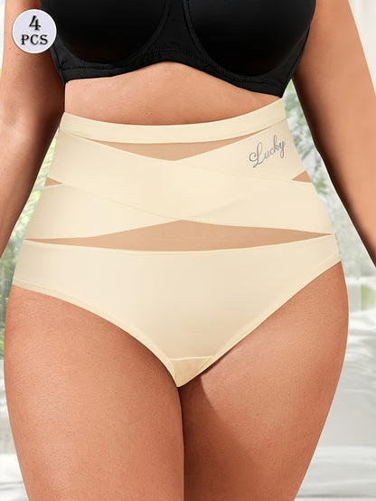 Conjunto de 4 cuecas modeladoras plus size de cintura subida com controlo abdominal, em malha respirável, sem costuras e com detalhe cruzado.