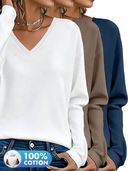3pcs Women'S 100% V-Neck Long Sleeve T-Shirts - Soft, Durable, and Comfortable Casual Wear for All Seasons, Perfect for Holidays, Graduations, and Everyday Style, Everyday Comfort Wear | Minimalist Style | Soft Fabric Tee
