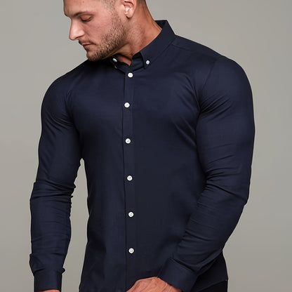 Solid Color Men's Slim Fit Stretch Quick-drying Long Sleeve Button Up Shirt, Spring Fall Workout Activity