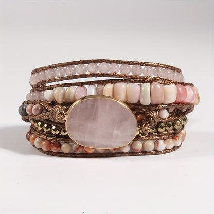 Bohemian Style Handmade Beaded Bracelet, Natural Stone Glass Wax Rope 5-Strand Wrap Bracelet for Women