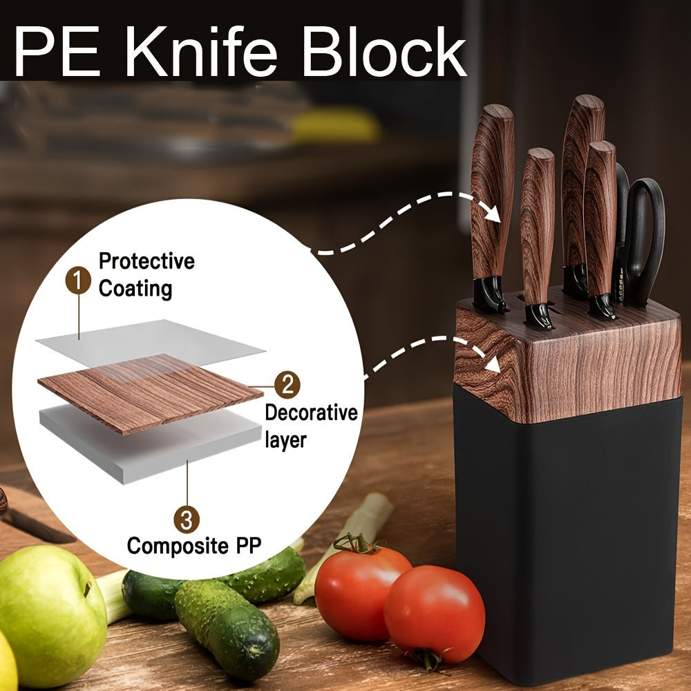 Conjunto de 7 facas de chef com bloco de facas em PE - Lâminas robustas em aço inoxidável 304, extra afiadas, pega ergonómica antiderrapante, facas de cozinha profissionais (chef, descascar, fatiar, pão, multiusos, tipo tesoura) - Kit de corte completo