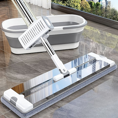 360° Rotating Mop and Bucket Set with Built-in Wringer, Dual Use for Dry & Wet Cleaning Without Handwashing, 6pcs Reusable Pads Included, Stainless Steel Headboard Handle Suitable for Bedroom, Living Room Pet Hair Removal -
