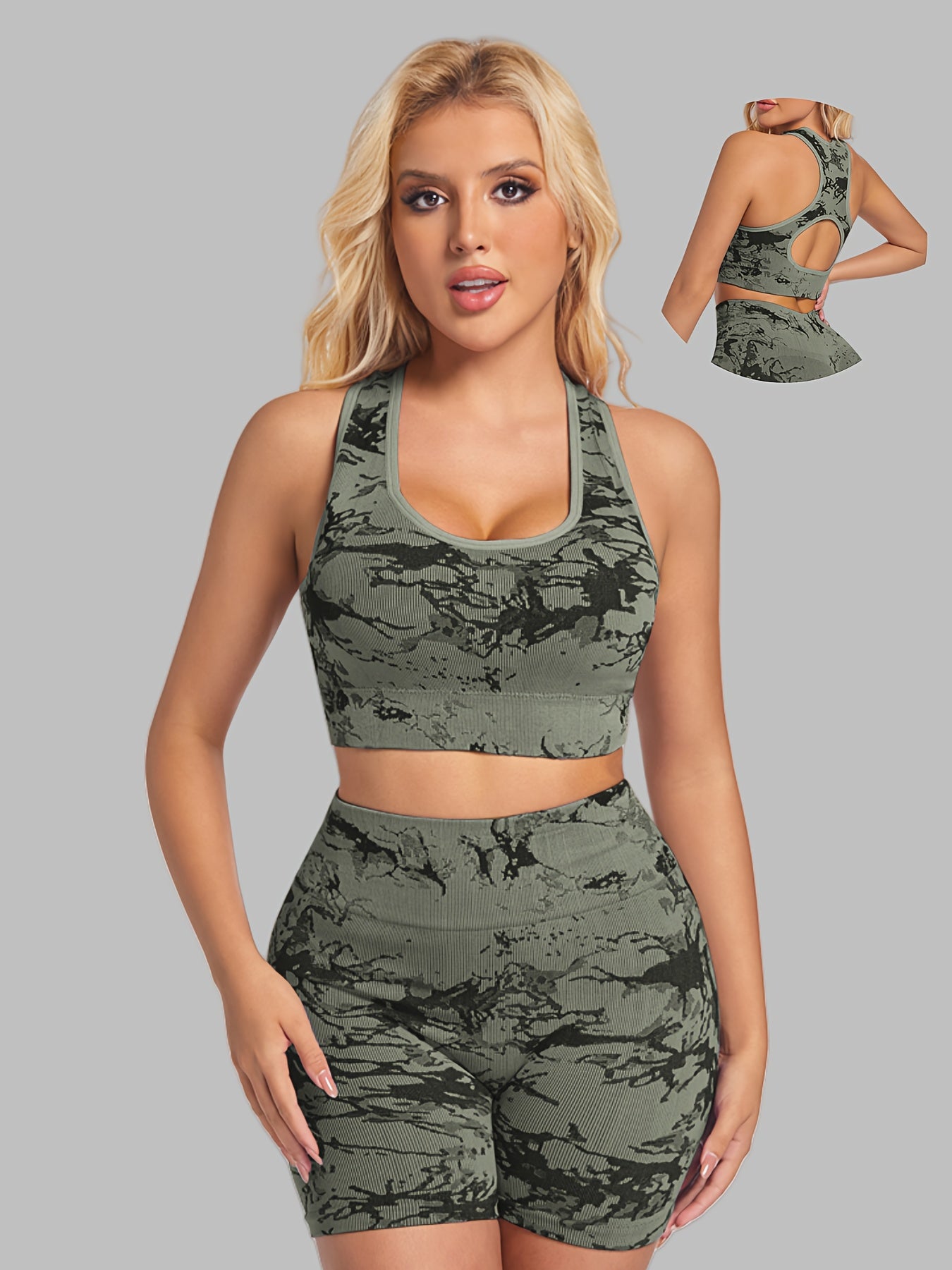 Women's Sports Bra and Shorts Set with Tie-Dye Design for Yoga, Fitness, and Running