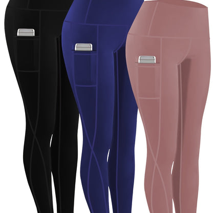 230g Women's Leggings Set of 3 High Waist Breathable with Pockets Compression Tights Multi-Color Suitable for All Seasons Daily Sports Fitness Yoga Shapewear