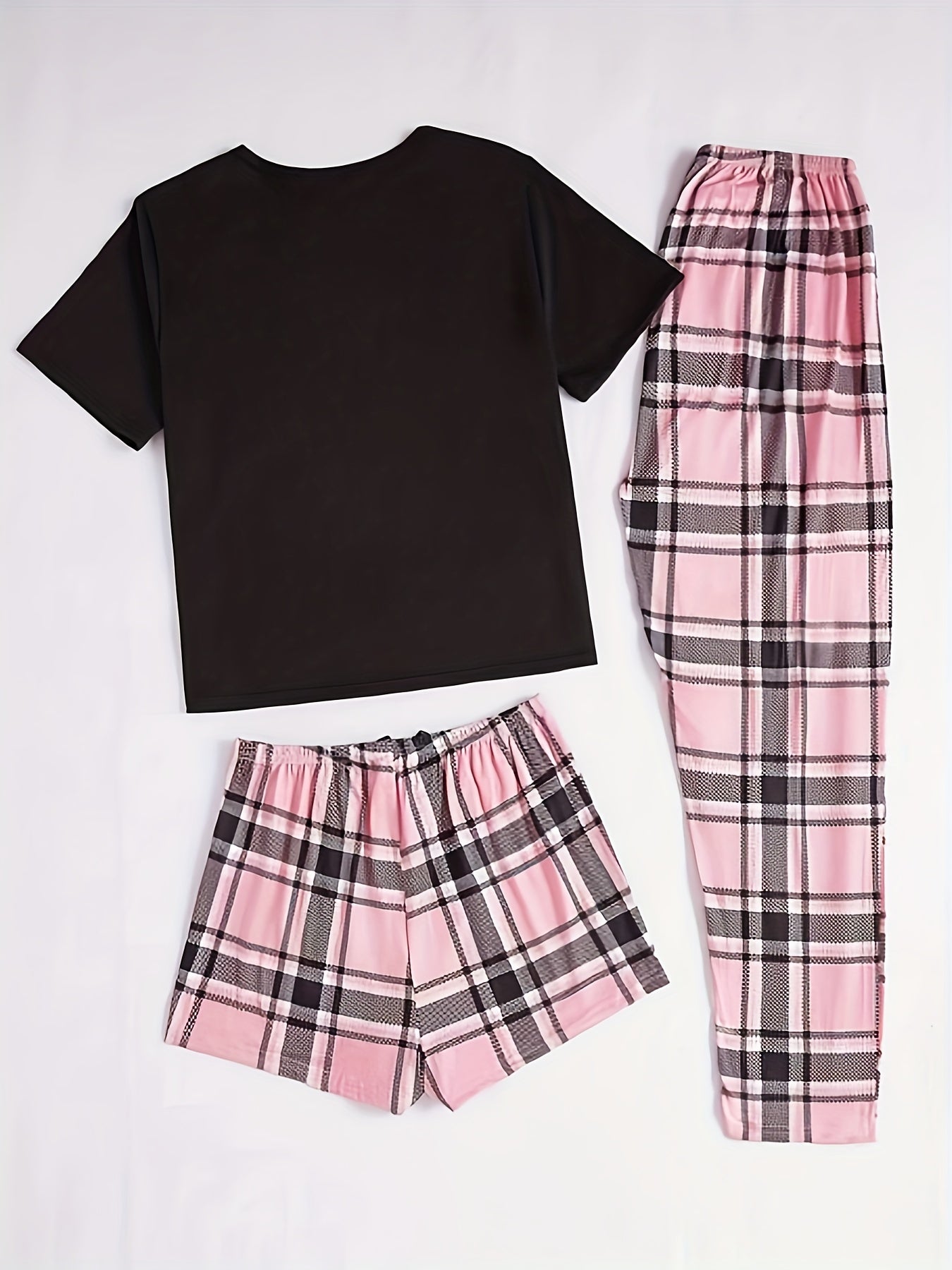 3pcs Casual Women'S Pink Heart Plaid Pajama Set with Round Neck And Plaid Pattern for Adults in Polyester