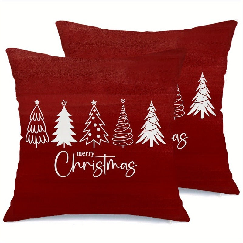 2pcs Red Christmas Tree Pillow Covers with White Cursive Merry Christmas Lettering & Tree Silhouettes - Burgundy Cases for Sofa, Bed, Office - Zippered Holiday Decorations (No Insert) - Hand Wash Only Festive Home Accent