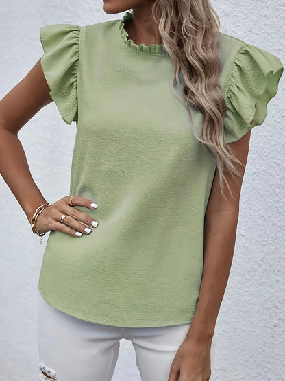 Ruffle Trim Round Neck Blouse, Casual Flutter Sleeve Blouse For Spring & Summer, Women's Clothing Wedding holiday vacation
