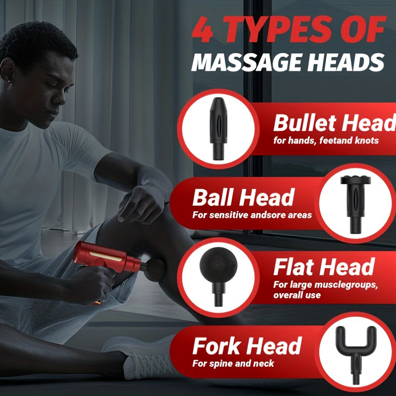 O massajador portátil vem com quatro cabeças de massagem intercambiáveis, tem um ecrã LED, pode ser carregado via USB, opera com uma voltagem de ≤36V, é alimentado por uma bateria de lítio 18650 e foi concebido para uma utilização multifuncional.