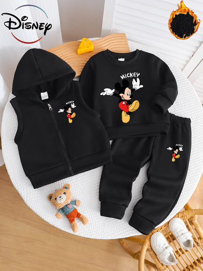 Boys' Autumn/Winter New Three-Piece Set with Mickey Mouse Classic Cartoon Print Long-Sleeve Round Neck Hoodie and Zip-Up Sleeveless Top, Matching Printed Sweatpants - Fleece-Lined Thickened Warm Comfortable Outfit for Parties