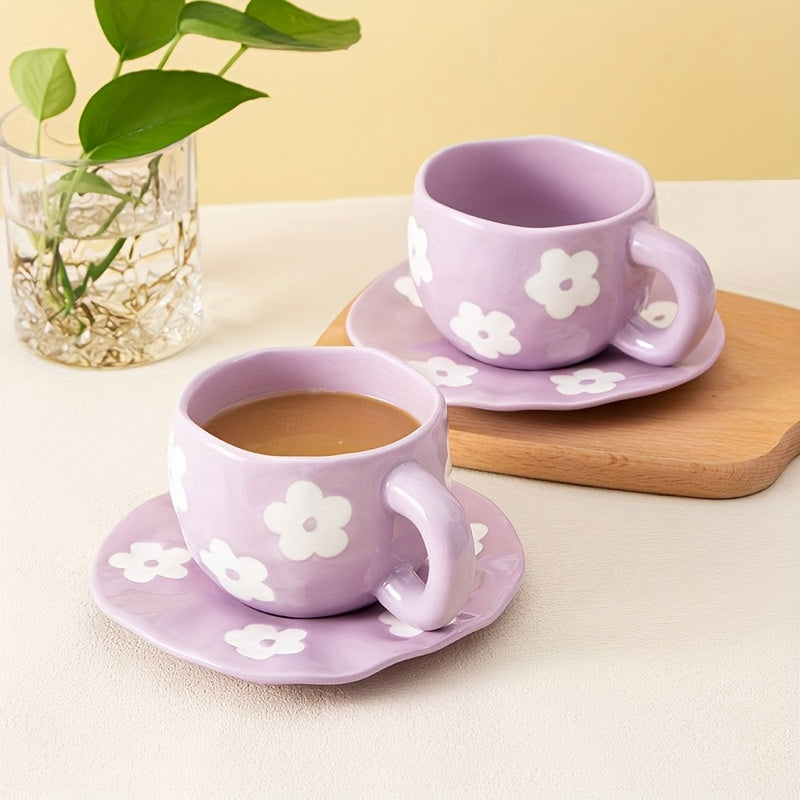 1set YumiPLUS Handmade Floral Ceramic Mug and Saucer Set, Purple Irregular Flower Design, 220ml/7.4oz, Reusable, Insulated, Machine Washable, Multipurpose Coffee Cup for Tea, Milk, Gift for Her