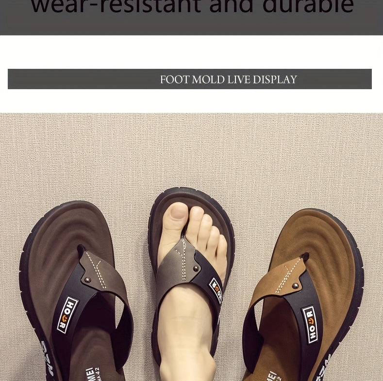 Chinelo de dedo casual de verão para homem - Resistente a odores, antiderrapante, durável, com sola macia e tira ajustável, design castanho e preto para uso diário e ao ar livre, calçado de praia | Chinelo de dedo elegante | Sola em PVC durável, sandália