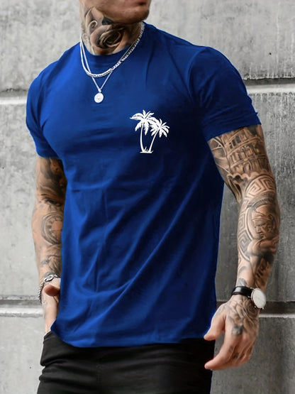 Sketch Style Palm Tree Pattern Top Casual Mid Stretch Short Sleeve Crew Neck Graphic T-shirt, Men's Tee For Summer Outdoor