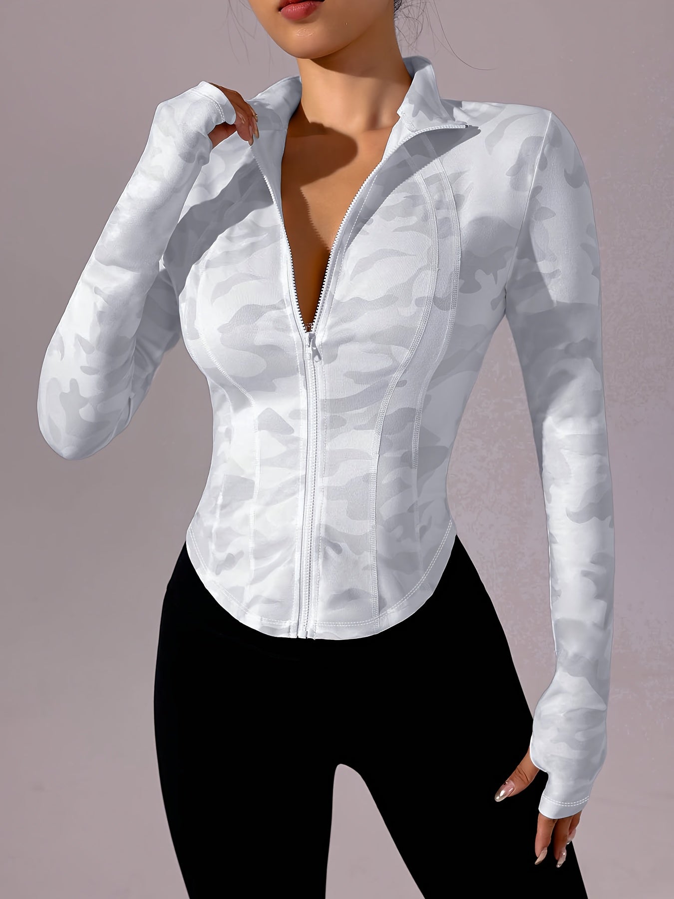 Zip-Up Stand Collar Sports Jacket, Half-Finger Long Sleeve Top with Camouflage Print, Suitable for Outdoor Fitness, Hiking, Golf, Tennis, Badminton, Bowling, Daily Walks and Shopping, Gym/Home Workout, Meditation, Versatile,