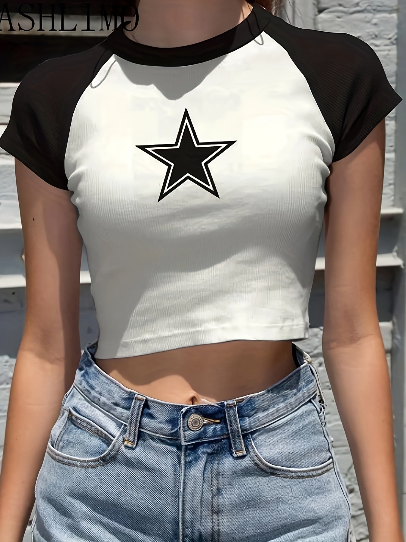 Women's Y2K Cropped T-Shirt - Contrast Black & White Geometric Star Print, Semi-Sheer Stretchy Slim Fit Top with Raglan Sleeves, Machine Washable Casual Streetwear, Cute T Shirts, Versatile Clothing, Comfortable Fit