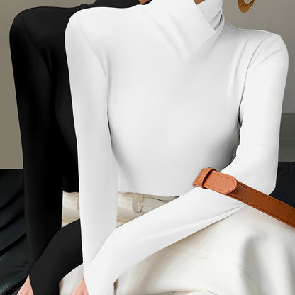 Solid Color Slim Fit Long Sleeve High Neck Pullover T-Shirt Two-Piece Set