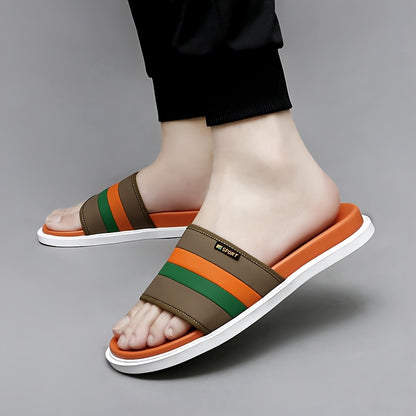 Men's Casual Slip-On Slippers - Breathable Synthetic & Rubber Sole, Lightweight Comfortable Indoor/Outdoor House Shoes with Random Pattern Design, House Slippers