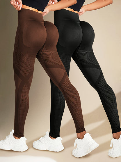 Two Solid Color High-Elasticity Fitness Yoga Leggings - Abdominal Control, Pleated, Elastic Waistband, Long Length, Made of Polyamide And Elastic Materials - Suitable for Women'S Activewear, Exercise, And All Seasons.