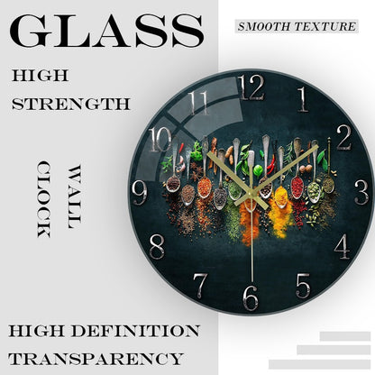 12-Inch Silent Glass Wall Clock with Vibrant Spice Design - Thick Reinforced Glass, Battery-Powered (AA), Modern Kitchen & Bedroom Decor, Perfect Gift for Christmas, Halloween, Birthdays, and More, Kitchen Wall Decor | Vibran