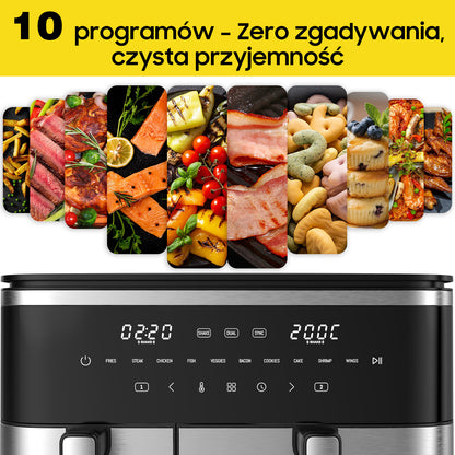 Iceagle XXL Hot Air Fryer, 2600W, 11L Dual-Zone Air Fryer with 2 Independent Chambers, 2-Sized Baskets, 10 Preset Programs, Timer, Digital Control Panel, and Recipe Guide