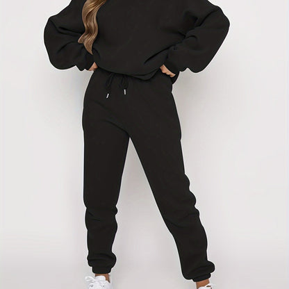 Solid Casual Two-piece Set, Crew Neck Long Sleeve Tops & Drawstring Jogger Pants Oufits, Women's Clothing