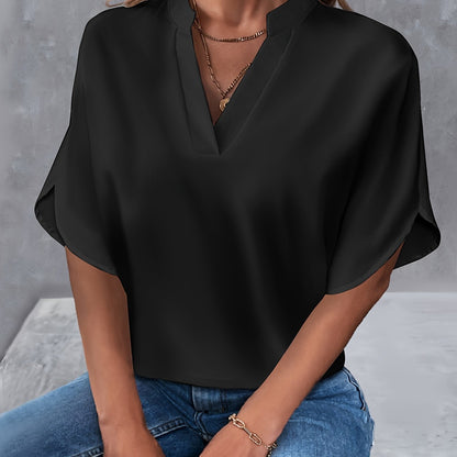 Solid Color Notch Neck Blouse, Casual Short Split Sleeve Blouse For Spring & Summer, Women's Clothing