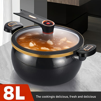8L Large Cast Iron Stew Pot with Lock Lid - Multifunctional Soup Pot, Suitable for Fast Boiling, Compatible with Gas Stoves, Black Golden Rim | Stylish Black Cookware | Glass Lid Design, Home Gift