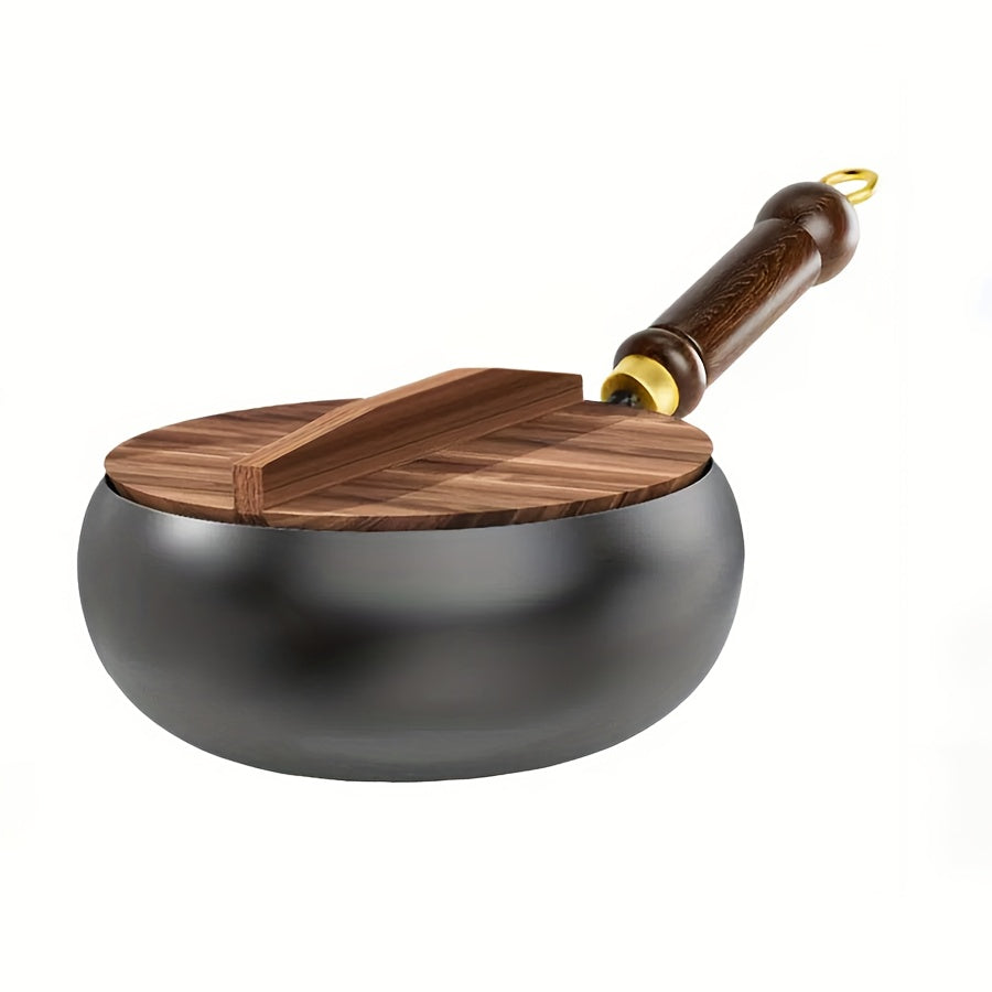 LDQ 1pc Cast Iron Pan Splash Resistant Design Rust Proof Durable Construction Even Heat Distribution Healthy Cooking Essential for Indoor Outdoor Use Oven Safe Wooden Handle Pans for Cooking Indoor Kitchenware Perfect Gifts f