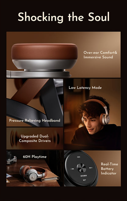 Picun Over-Ear Wireless Headphones, Wireless 5.3 with Low Latency Mode, Dual Composite Drivers for Hi-Fi Sound, 60H Playtime & Real-Time Battery Display, Wired/Wireless Dual Mode, Adjustable Head