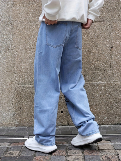 Men's Casual Letter Print Wide-Leg Jeans - Loose Fit, Rayon Blend Denim Pants for All Seasons
