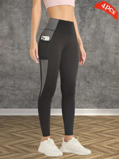 4pcs Women'S High-Waisted Yoga Leggings - Tummy Control Butt-Lifting Workout Pants with Pockets, Breathable Stretchy All-Season Gym & Outdoor Activewear, Solid Color Crop Design, Workout Leggings