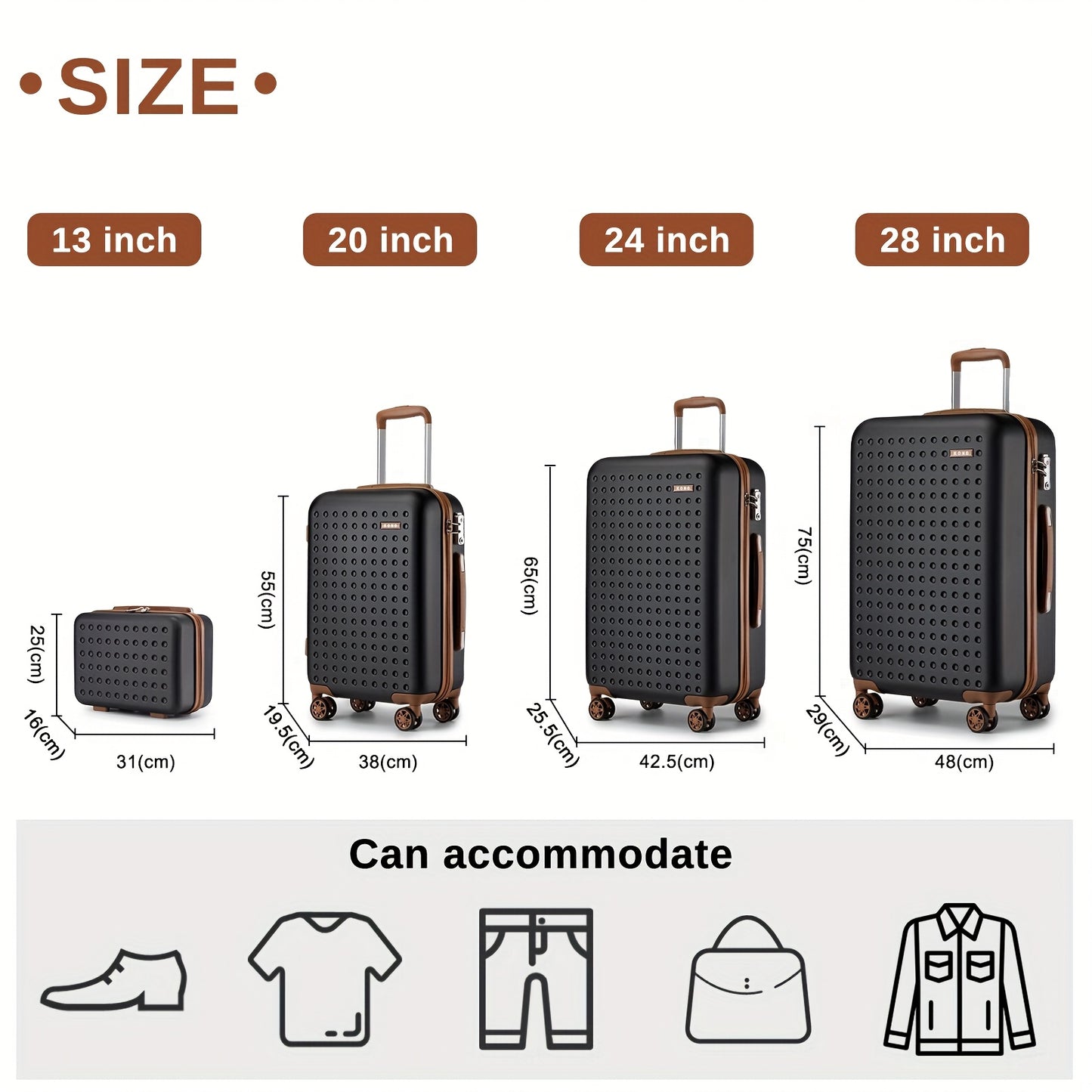 Kono Lightweight Hard-Shell ABS+PC Checked Luggage Suitcase with 360° Spinner Wheels, Built-In TSA Lock & Aluminum Frame - Multi-Size Options, Black & Brown Travel Suitcase with Retractable Handle, Durable Airline- Carry-On