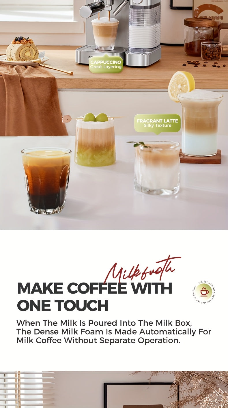 CAFELFFE Semi-Automatic Espresso Machine MK801 with Automatic Milk Frothing System, One-Touch Operation for Espresso, Latte & Cappuccino, 20BAR High Pressure, 1.3L Water Tank & 0.7L Milk Tank, Self-Cleaning Function, 1350W Po