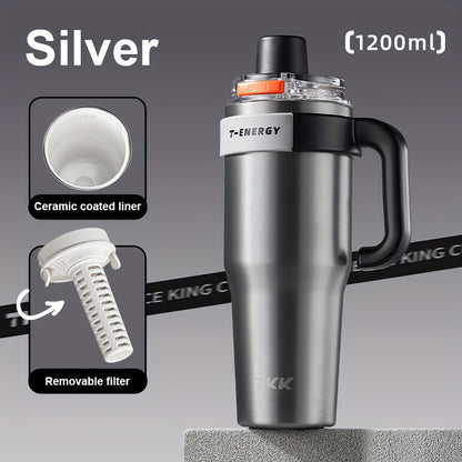 800ml/1200ml Large Capacity Ceramic Coating Liner Stainless Steel Cup Vacuum Keep Warm Cold Mug Cup with Straw Lid Handle for Coffee Coke Carbonated Beverages Ice Leakproof for School Office Outdoor Yoga sports, Travel Coffee