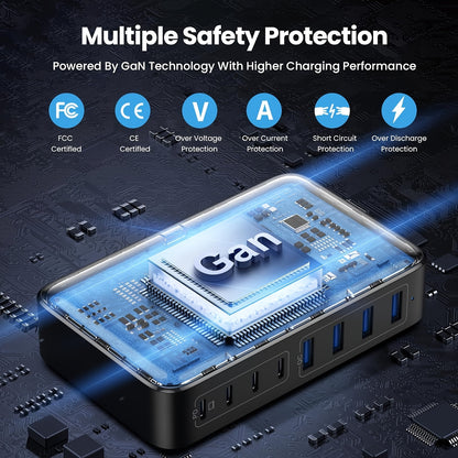 200W USB-C Fast Charger with GaN III Tech, 8 Ports PD & QC, PPS Multi-Socket Adapter, 65W High Power Compatible with MacBook Pro/Air, iPhone, iPad Pro, Galaxy, Steam Deck, Dell, VIVO, Oppo, Xiaomi - European Standard Plug, La