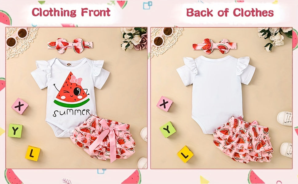 Conjunto de Roupa Infantil para Bebé Menina com Estampado de Abacate: Macacão, Calções e Fita para o Cabelo - 3 Peças - Ideal para o Verão e Atividades ao Ar Livre