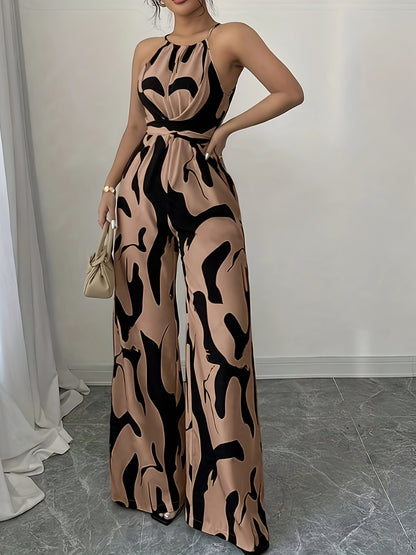 Elegante macacão feminino com ombros à mostra, estampado abstrato a preto e branco, pernas largas e atilhos na cintura - tecido de poliéster, perfeito para as férias e para um toque de elegância no dia a dia.